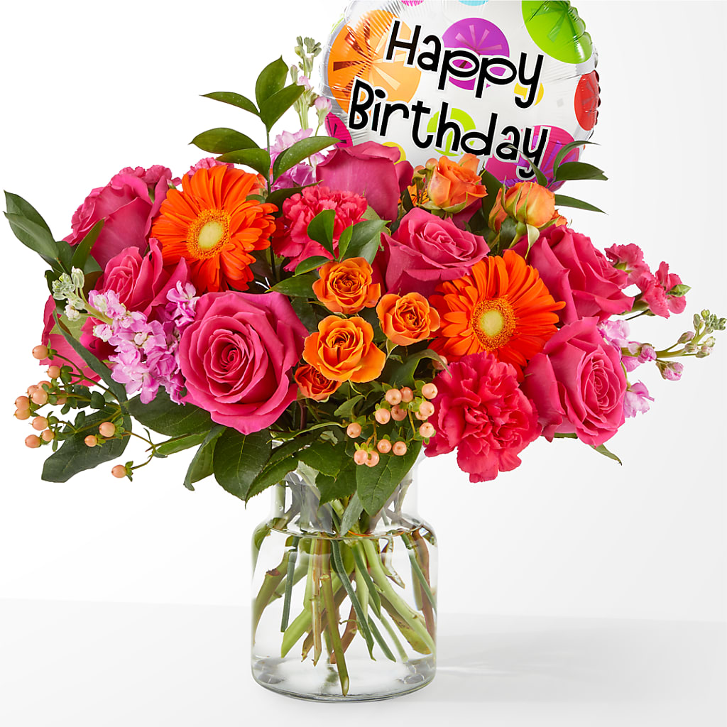 Fiesta Bouquet with Birthday Balloon – Floral Villa, Whitewater WI
