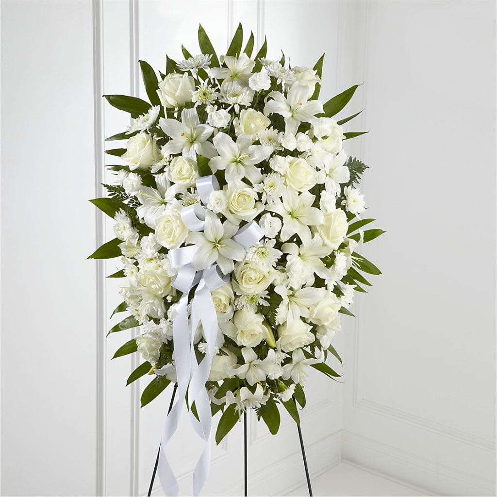 Exquisite Tribute Standing Spray-White Ribbon – Floral Villa, Whitewater WI