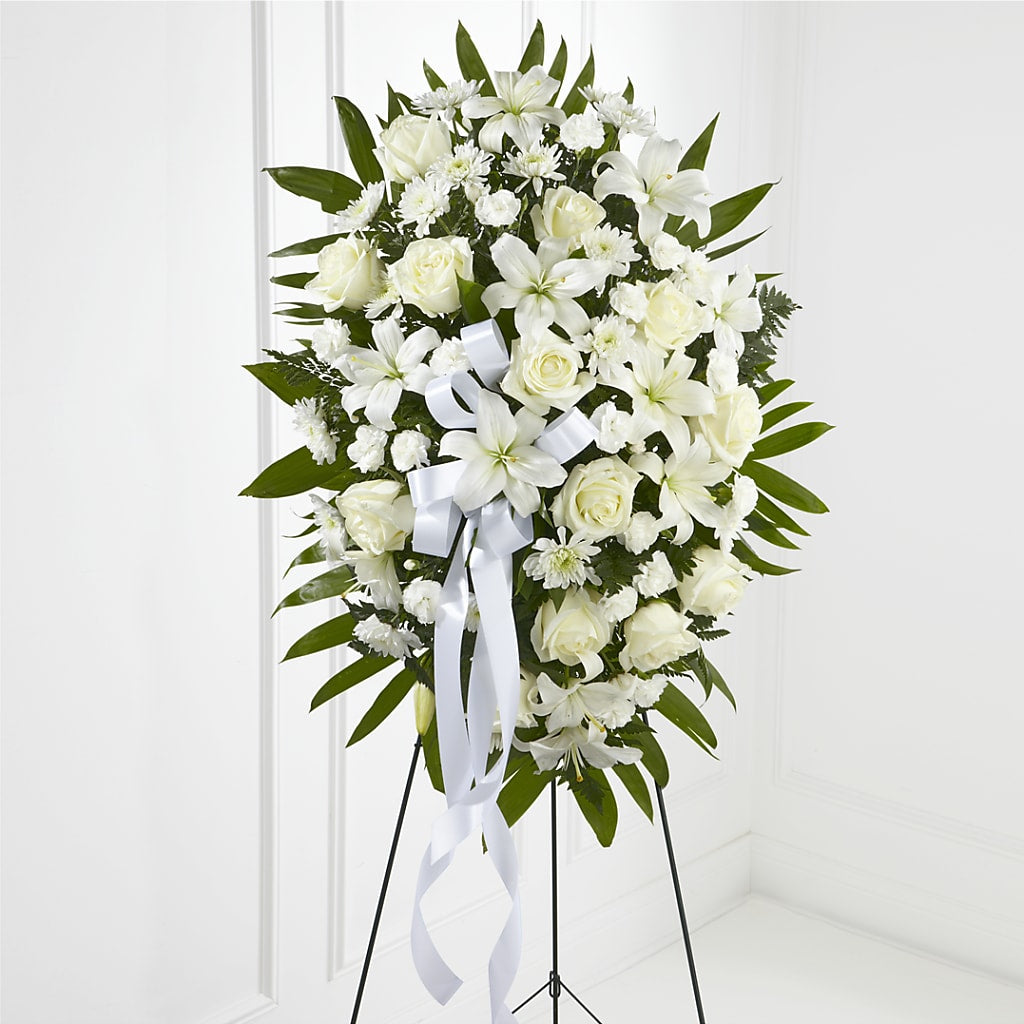 Exquisite Tribute Standing Spray-White Ribbon – Floral Villa, Whitewater WI