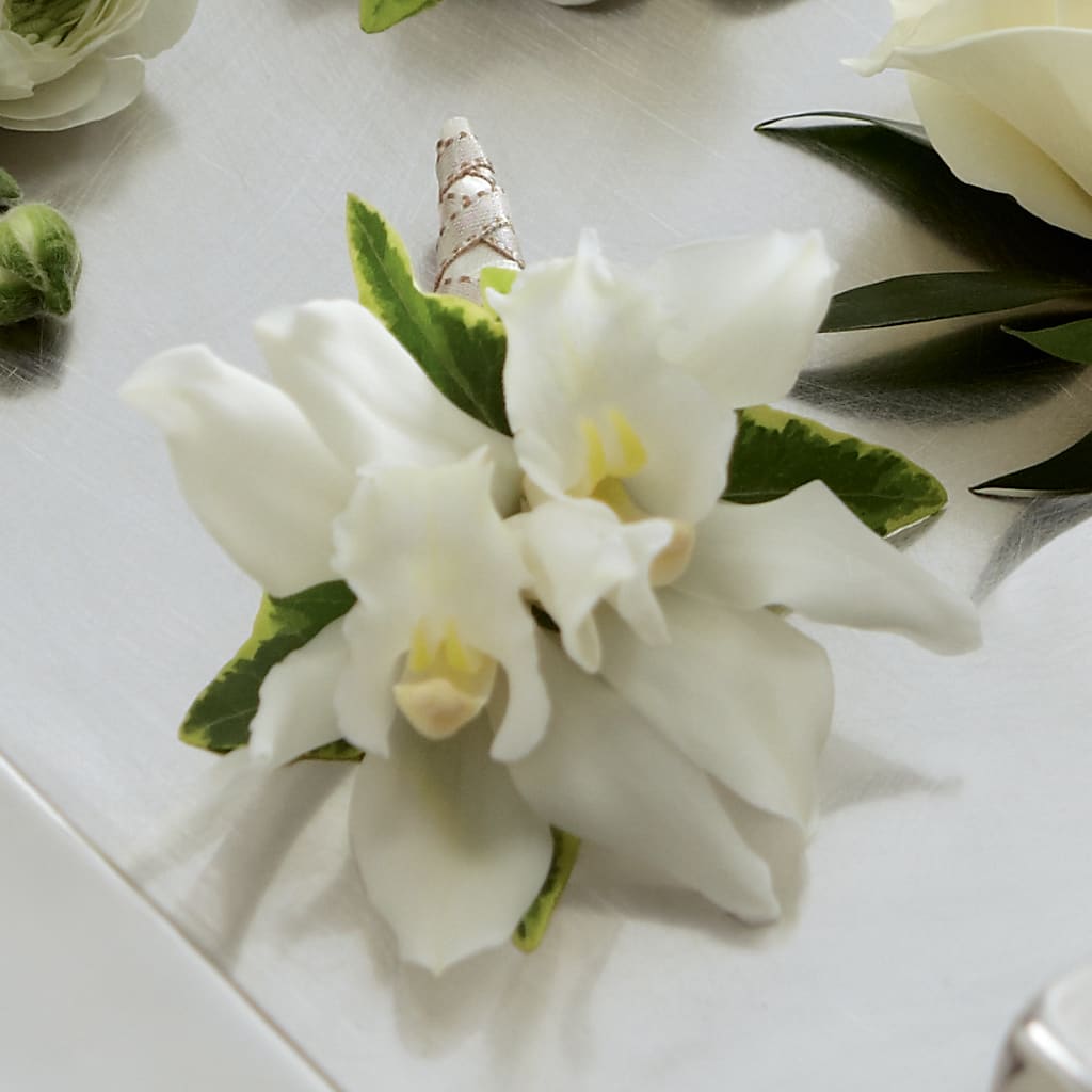 White Mini Cymbidium Boutonniere – Floral Villa, Whitewater WI